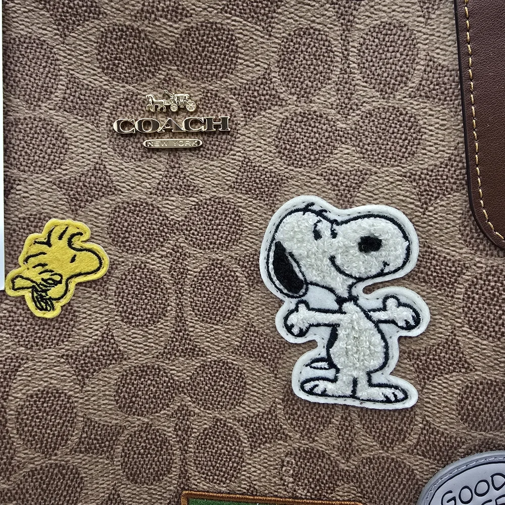 Coach x Peanuts City Tote with Snoopy, Lucy, Charlie Brown Patches Tan & Khaki - Picture 6 of 15